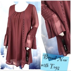 SOLD ‼️ Boho Shift Dress Sheer Smocked Bell Sleeve
